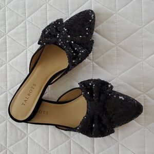 Talbots Edison Black Sequin Bow Mules Womens 8 1/2 NWOT